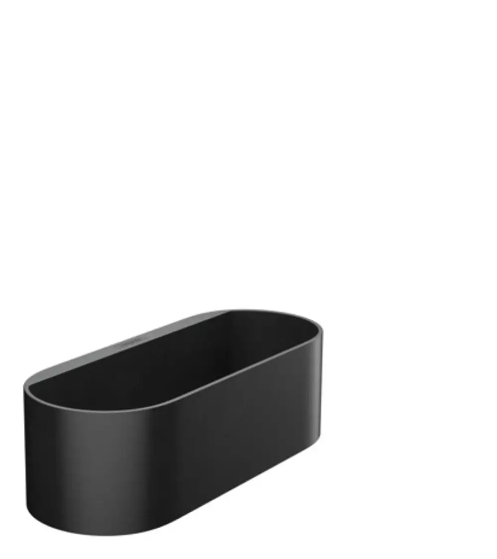 Schwarzer Ablagekorb von Hansgrohe mit ovaler Form, geeignet zur Wandmontage. Klar strukturierte Oberfläche ohne sichtbare Griffe oder Verzierungen.